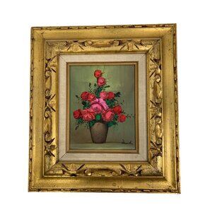 VTG Signed Original Still Oil Painting Roses In Gold Frame By David 16.5 x 18